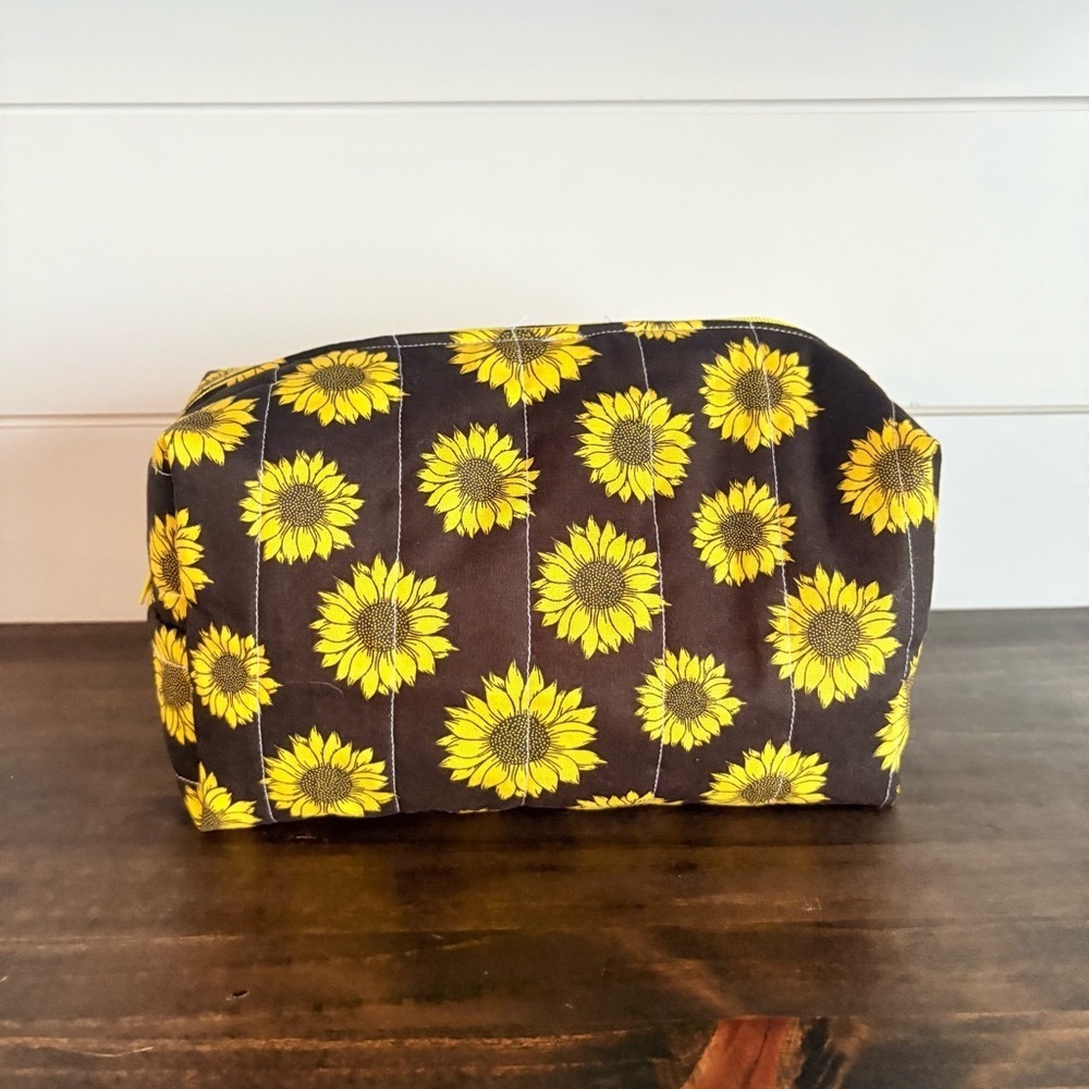 Handmade Sunflower Print Cosmetic Make Up Bag Black/Yellow Sz OS